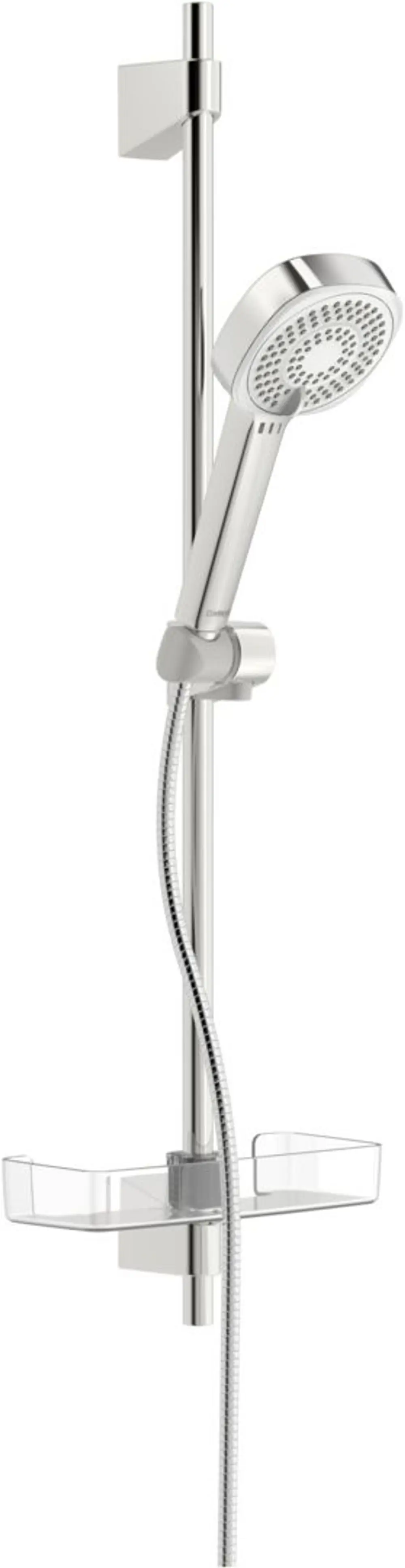 HANSABASICJET Wandstangengarnitur in Chrom, bestehend aus einem Duschkopf und einer Wandstange mit Halterung. Sichtbarer Wasserschlauch in flexibler Ausführung.